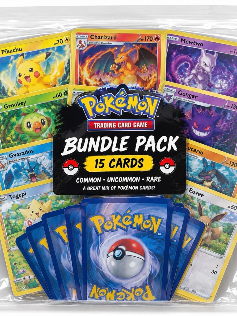 Pokémon TCG 15 Card Bundle Lot - 7 Common 7 Uncommon 1 Rare Trading Cards
